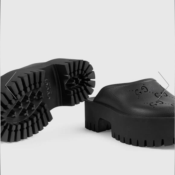 Gucci Platform Perforated GG Sandal Lug Sole Rubber Slides Closed Toe Black - Picture 5 of 16